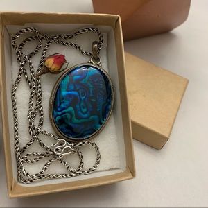 Druzy Agate turquoise blue mother of pearl gemstone pendant +chain 925 sterling
